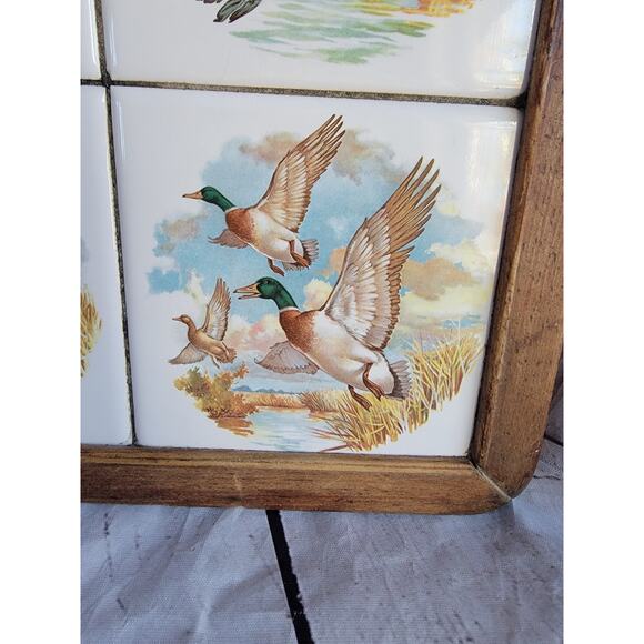 Vintage MCM Mallard Duck Flying on Pond Rustic Cabin Wall Art Tile Trivet 10x10 - Picture 2 of 13